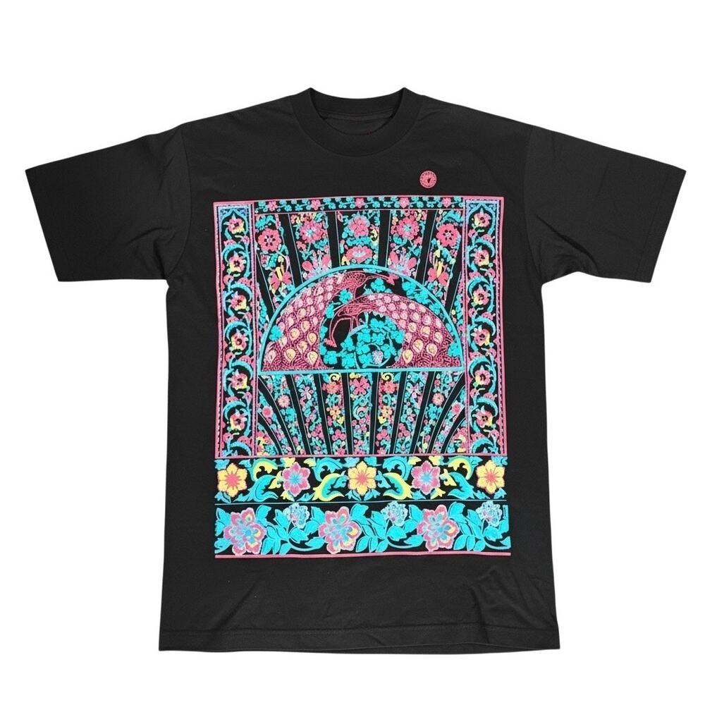 Vtg 90s Focus El Campana Neon Peacock Floral Graphic T Shirt L Black Art Nouveau